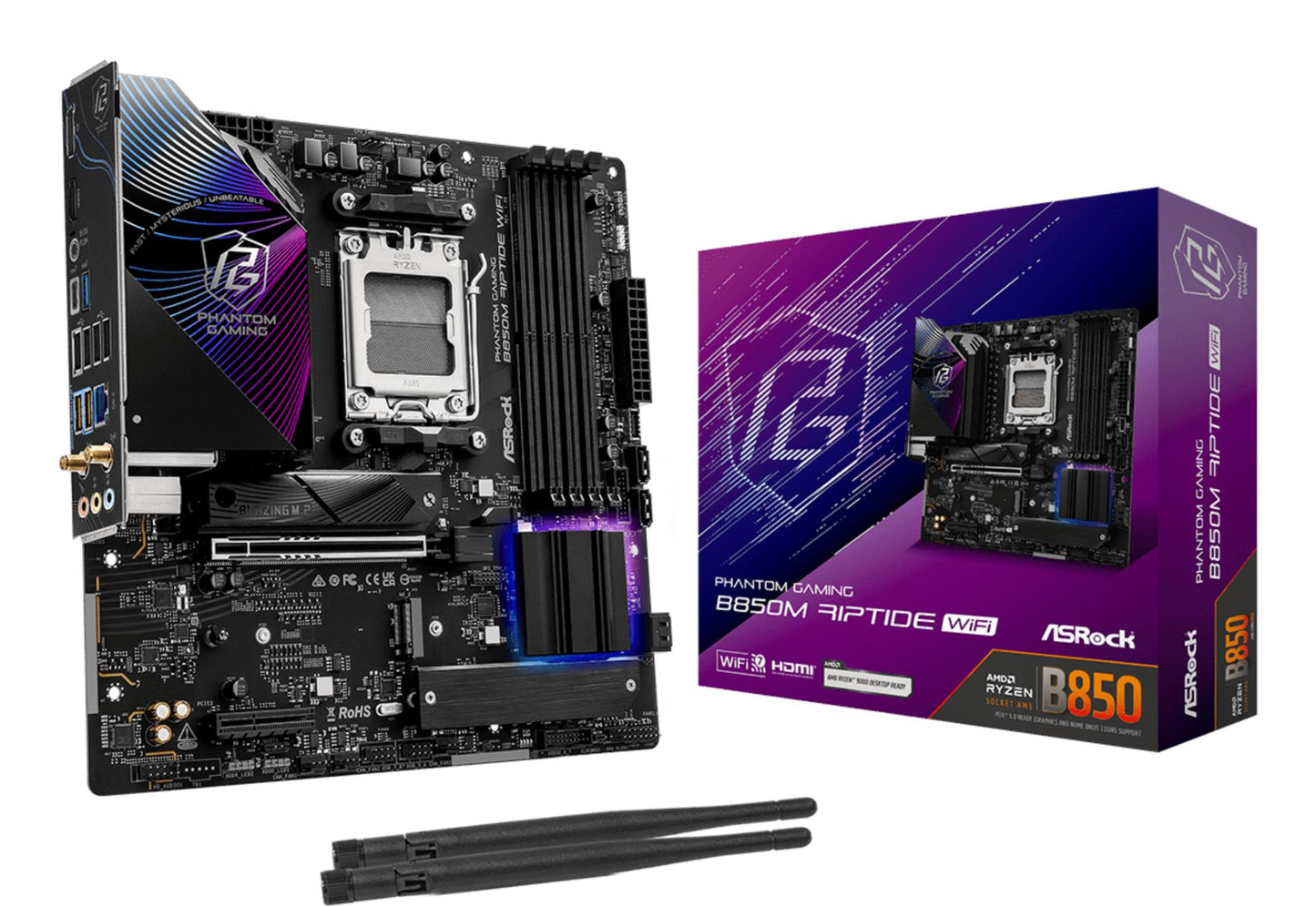 Emaplaat|ASROCK|AMD B850|SAM5|Micro-ATX|Mälu DDR5|Mälu pesad 4|1xHDMI|1xDisplayPort|1xAudio-In|1xAudio-Out|1xMicrophone|4xUSB 2.0|3xUSB 3.2|1xUSB-C|1xRJ45|B850MRIPTIDEWIFI