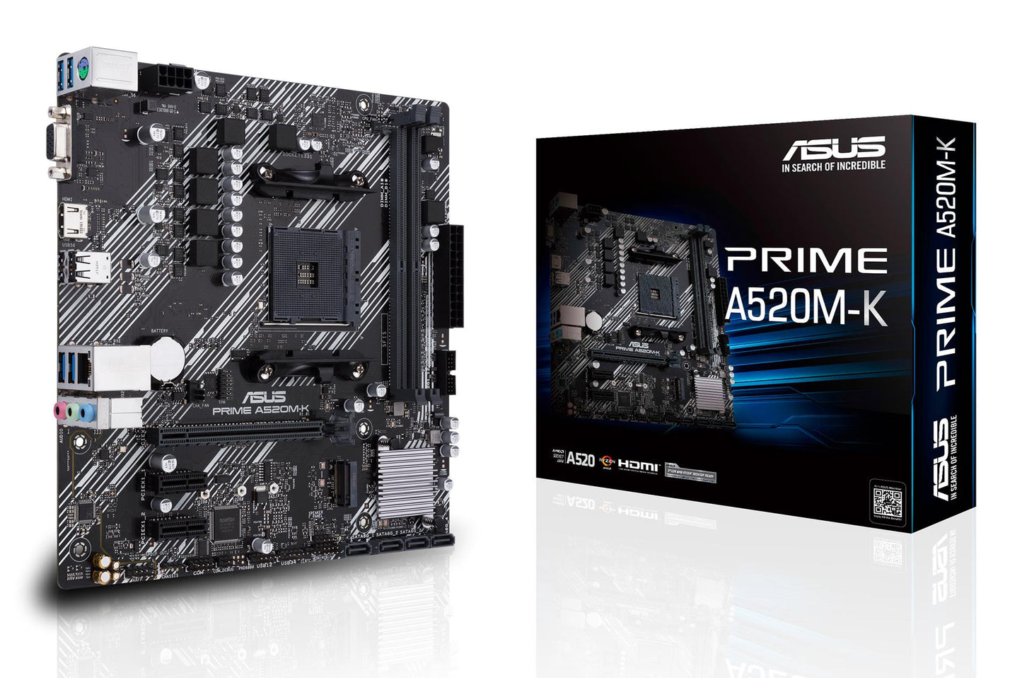 Emaplaat|ASUS|AMD A520|SAM4|MicroATX|2xPCI-Express 3.0 1x|1xPCI-Express 3.0 16x|1xM.2|Mälu DDR4|Mälu pesad 2|1x15pin D-sub|1xHDMI|2xUSB 2.0|4xUSB 3.2 tüüp B|1xPS/2|3xStereo jack 3.5mm|1xRJ45|PRIMEA520M-K