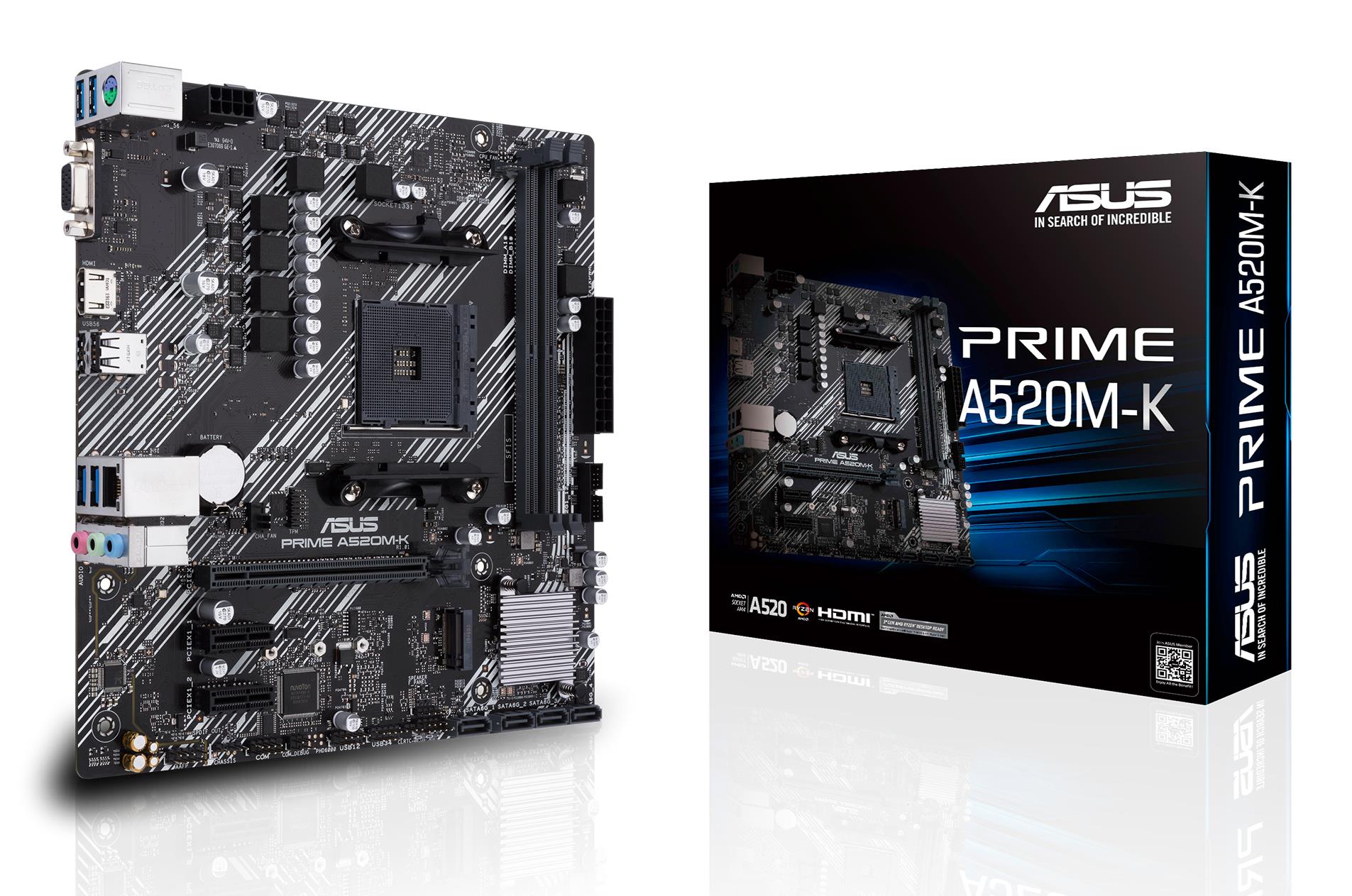 Emaplaat|ASUS|AMD A520|SAM4|MicroATX|2xPCI-Express 3.0 1x|1xPCI-Express 3.0 16x|1xM.2|Mälu DDR4|Mälu pesad 2|1x15pin D-sub|1xHDMI|2xUSB 2.0|4xUSB 3.2 tüüp B|1xPS/2|3xStereo jack 3.5mm|1xRJ45|PRIMEA520M-K