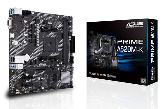 Mainboard|ASUS|AMD A520|SAM4|MicroATX|2xPCI-Express 3.0 1x|1xPCI-Express 3.0 16x|1xM.2|Memory DDR4|Memory slots 2|1x15pin D-sub|1xHDMI|2xUSB 2.0|4xUSB 3.2 type B|1xPS/2|3xStereo jack 3.5mm|1xRJ45|PRIMEA520M-K