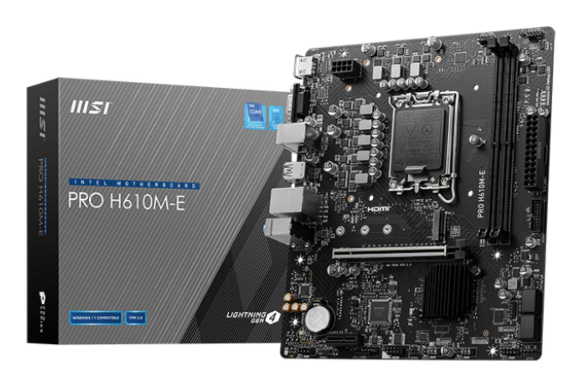 Mainboard|MSI|Intel H610|LGA1700|Micro-ATX|Memory DDR5|Memory slots 2|1xPCI-Express 1x|1xPCI-Express 16x|1xM.2|1x15pin D-sub|1xHDMI|4xUSB 2.0|2xUSB 3.2|1xPS/2|1xRJ45|3xAudio port|PROH610M-E
