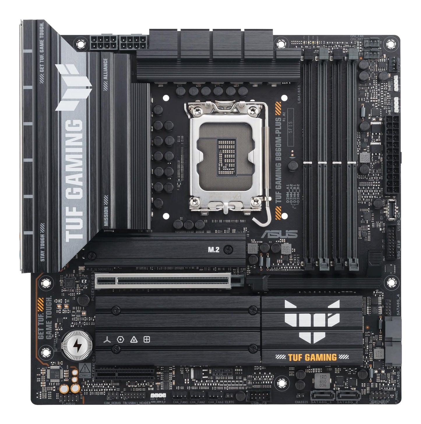 Mainboard|ASUS|Intel B860 Express|LGA1851|Micro-ATX|Memory slots 4|1xPCI-Express 4.0 4x	|1xPCI-Express 5.0 16x|3xM.2|1xHDMI|1xDisplayPort|1xUSB 2.0|4xUSB 3.0|2xUSB 3.2|2xUSB-C|1xOptical S/PDIF|1xRJ45|5xAudio port|TUFGAMINGB860M-PLUS