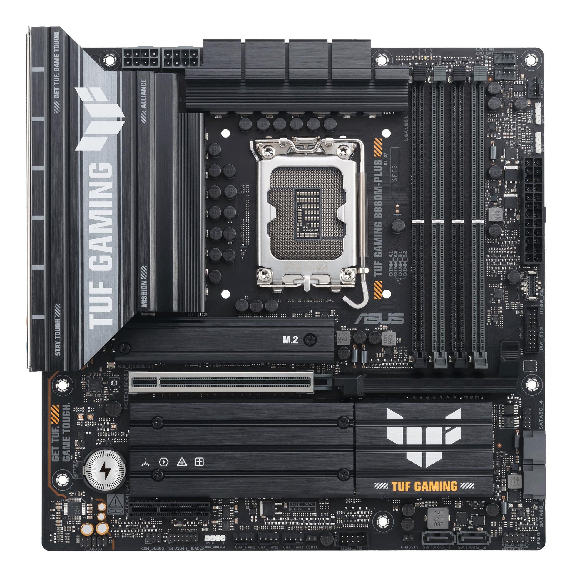 Mainboard|ASUS|Intel B860 Express|LGA1851|Micro-ATX|Memory slots 4|1xPCI-Express 4.0 4x	|1xPCI-Express 5.0 16x|3xM.2|1xHDMI|1xDisplayPort|1xUSB 2.0|4xUSB 3.0|2xUSB 3.2|2xUSB-C|1xOptical S/PDIF|1xRJ45|5xAudio port|TUFGAMINGB860M-PLUS
