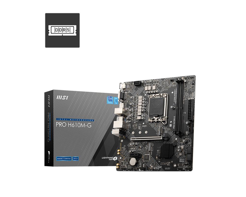 Mainboard|MSI|Intel H610|LGA1700|Micro-ATX|Memory DDR5|Memory slots 2|1xPCI-Express 1x|1xPCI-Express 16x|1xM.2|1x15pin D-sub|1xHDMI|1xDisplayPort|4xUSB 2.0|2xUSB 3.2|1xPS/2|1xRJ45|3xAudio port|PROH610M-GDDR5