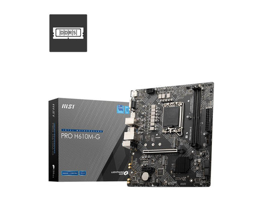 Mainboard|MSI|Intel H610|LGA1700|Micro-ATX|Memory DDR5|Memory slots 2|1xPCI-Express 1x|1xPCI-Express 16x|1xM.2|1x15pin D-sub|1xHDMI|1xDisplayPort|4xUSB 2.0|2xUSB 3.2|1xPS/2|1xRJ45|3xAudio port|PROH610M-GDDR5
