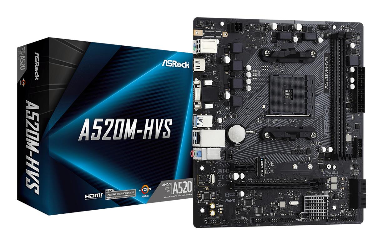 Mainboard|ASROCK|AMD A520|SAM4|Micro-ATX|Memory DDR4|Memory slots 2|1xPCI-Express 3.0 1x|1xPCI-Express 3.0 16x|1xM.2|1x15pin D-sub|1xHDMI|2xAudio-In|1xAudio-Out|2xUSB 2.0|4xUSB 3.2|1xPS/2|1xRJ45|A520M-HVS