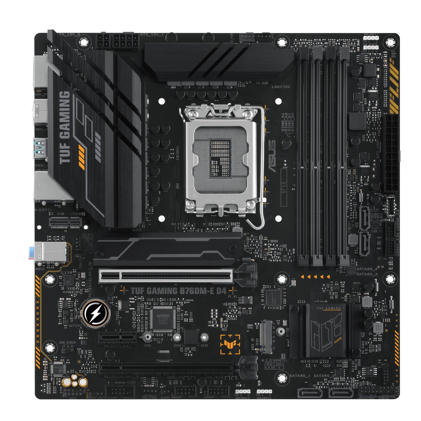 Emaplaat|ASUS|Intel B760 Express|LGA1700|Micro-ATX|Mälu DDR4|Mälu pesad 4|1xPCI-Express 4.0 1x|2xPCI-Express 4.0 16x|2xM.2|1xHDMI|1xDisplayPort|2xUSB 2.0|4xUSB 3.2|1xPS/2|1xRJ45|3xAudio port|TUFGAMINGB760M-ED4