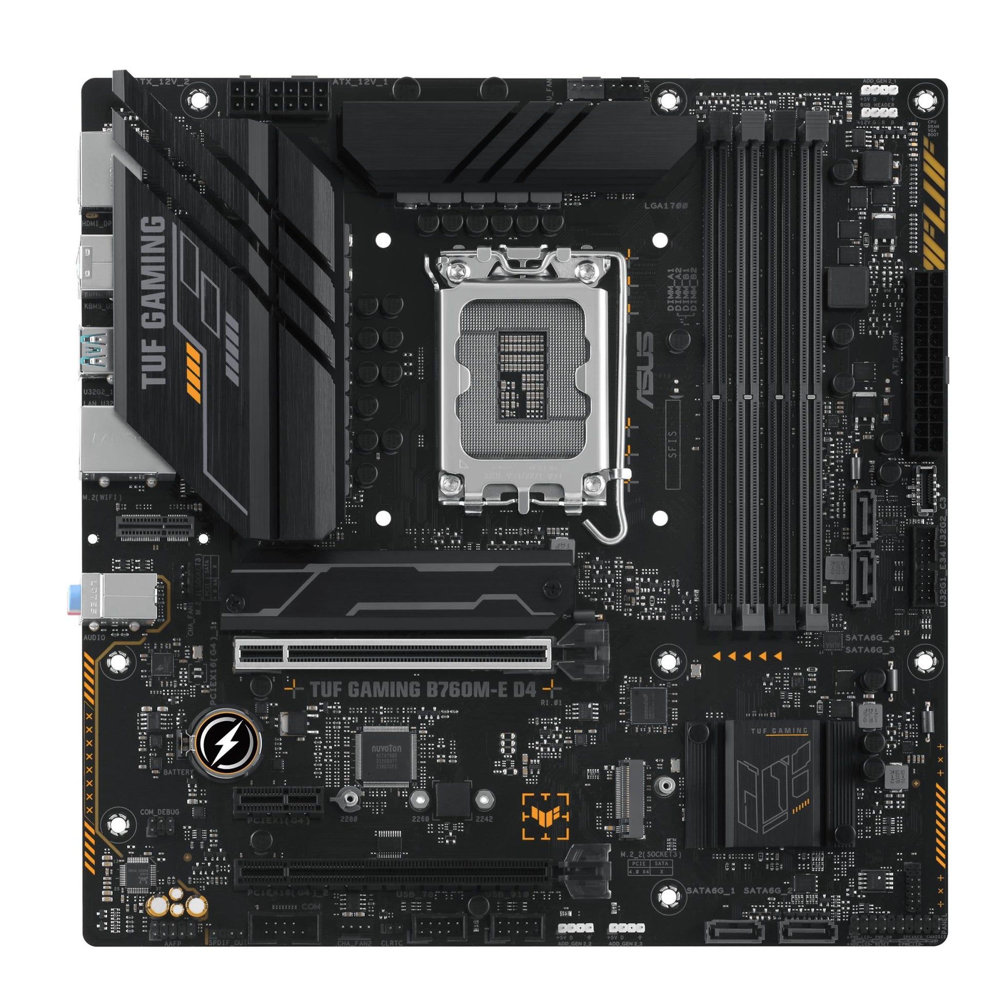 Emaplaat|ASUS|Intel B760 Express|LGA1700|Micro-ATX|Mälu DDR4|Mälu pesad 4|1xPCI-Express 4.0 1x|2xPCI-Express 4.0 16x|2xM.2|1xHDMI|1xDisplayPort|2xUSB 2.0|4xUSB 3.2|1xPS/2|1xRJ45|3xAudio port|TUFGAMINGB760M-ED4