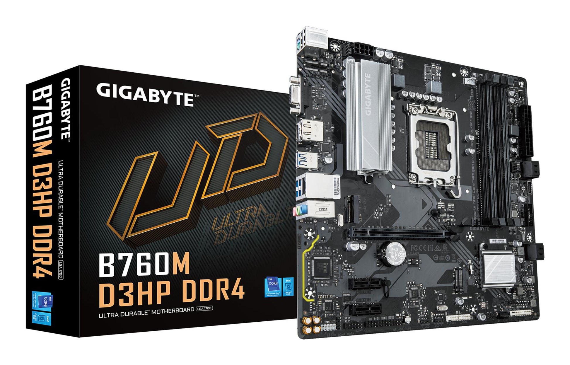 Mainboard|GIGABYTE|Intel B760 Express|LGA1700|Micro-ATX|Memory DDR4|Memory slots 4|2xPCI-Express 3.0 1x|1xPCI-Express 4.0 16x|2xM.2|1x15pin D-sub|1xHDMI|1xDisplayPort|6xUSB 2.0|5xUSB 3.2|1xUSB-C|1xPS/2|1xRJ45|3xAudio port|B760MD3HPDDR4