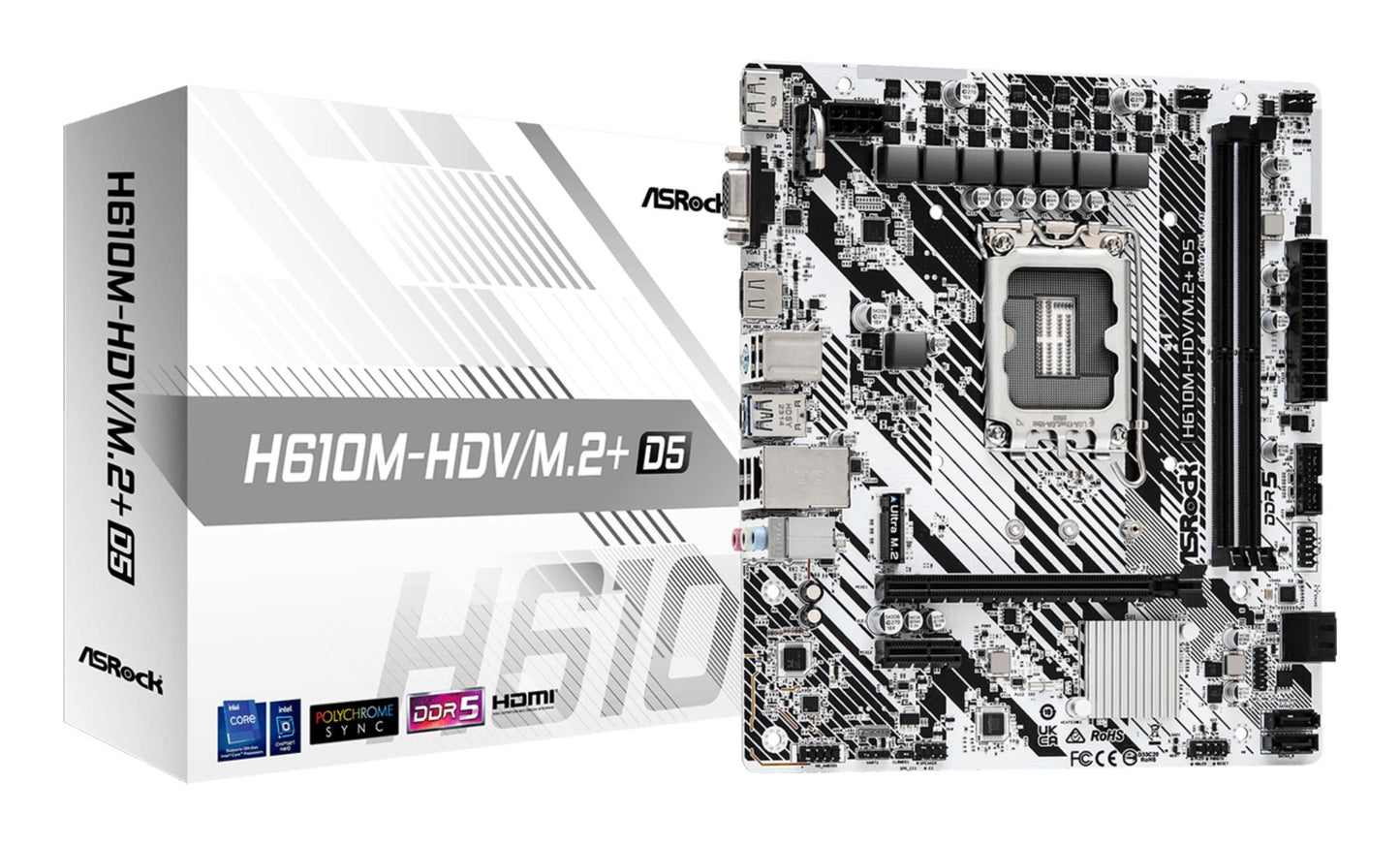 Mainboard|ASROCK|Intel H610|LGA1700|Micro-ATX|Memory DDR5|Memory slots 2|1xPCI-Express 3.0 1x|1xPCI-Express 4.0 16x|1xM.2|1x15pin D-sub|1xHDMI|1xDisplayPort|1xAudio-In|1xAudio-Out|1xMicrophone|4xUSB 2.0|1xUSB 3.2|1xUSB-C|1xPS/2|1xRJ45|H610M-HDV/M.2+D5