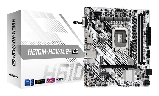 Mainboard|ASROCK|Intel H610|LGA1700|Micro-ATX|Memory DDR5|Memory slots 2|1xPCI-Express 3.0 1x|1xPCI-Express 4.0 16x|1xM.2|1x15pin D-sub|1xHDMI|1xDisplayPort|1xAudio-In|1xAudio-Out|1xMicrophone|4xUSB 2.0|1xUSB 3.2|1xUSB-C|1xPS/2|1xRJ45|H610M-HDV/M.2+D5