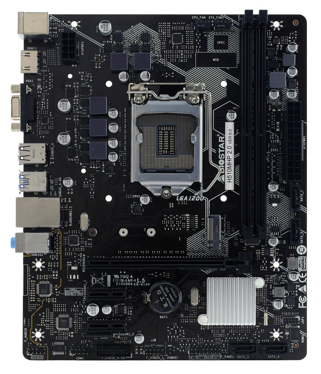 Peamine plaat|BIOSTAR|Intel H510|LGA1200|MicroATX|Mälu DDR4|Mälu pesad 2|2xPCI-Express 3.0 1x|1xPCI-Express 4.0 16x|1xM.2|1x15pin D-sub|1xHDMI|2xAudio-In|1xAudio-Out|4xUSB 2.0|2xUSB 3.2|2xPS/2|1xRJ45|H510MHP2.0