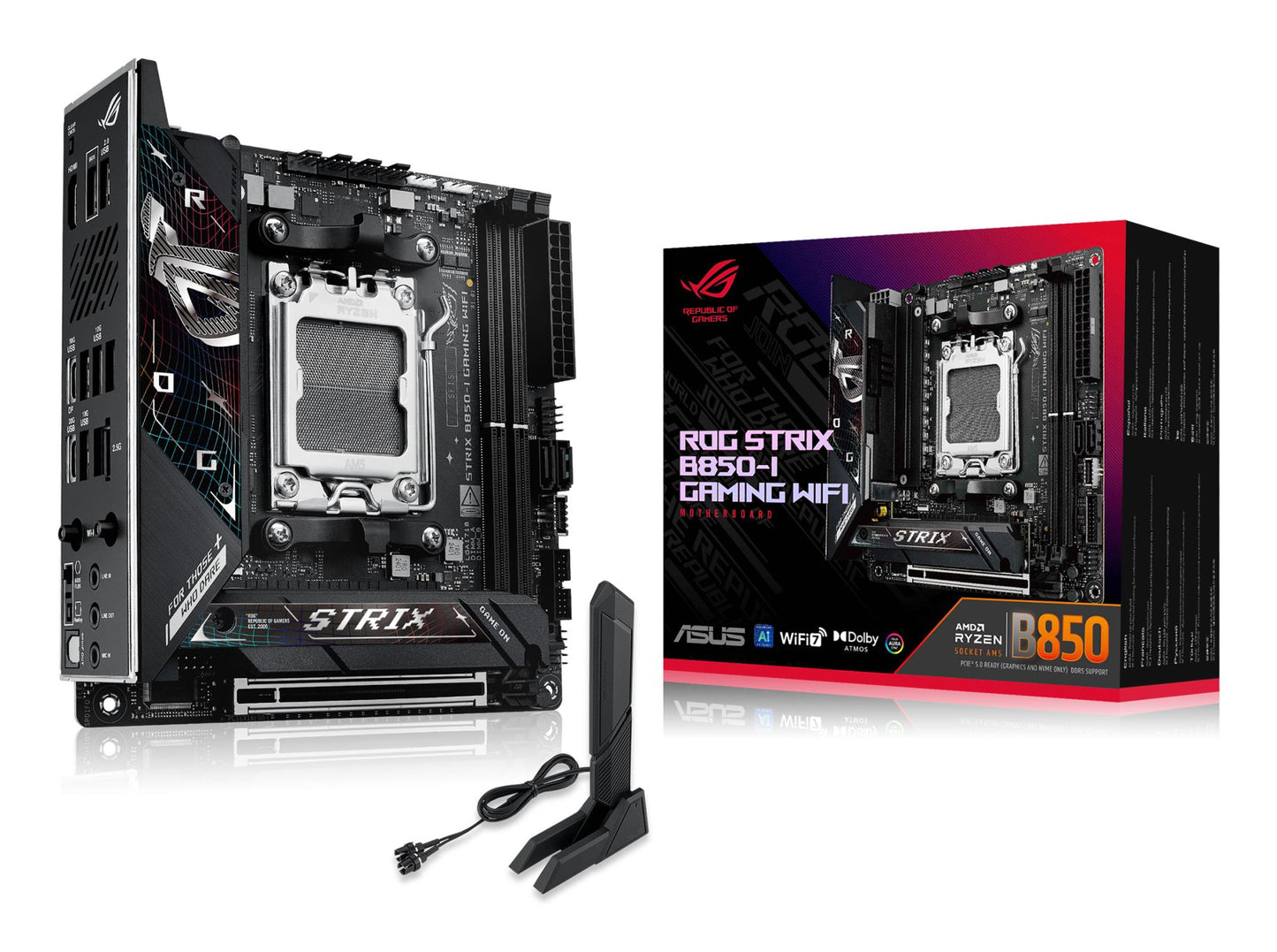 Peamine plaat|ASUS|AMD B850|SAM5|Mini-ITX|Mälu DDR5|Mälu pesad 2|1xPCI-Express 4.0 16x|1xPCI-Express 5.0 16x|2xM.2|1xHDMI|1xAudio-In|1xAudio-Out|1xMikrofon|2xUSB 2.0|5xUSB 3.2|1xUSB-C|1xOptiline S/PDIF|1xRJ45|STRIXB850-IGAMINGWIFI
