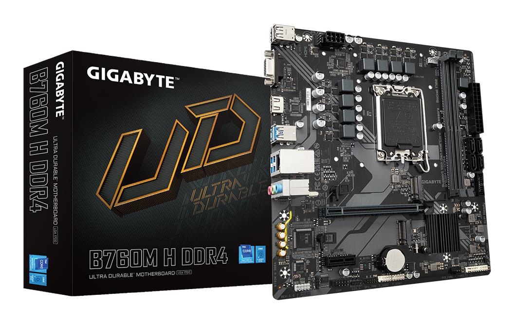Peamine plaat|GIGABYTE|Intel B760 Express|LGA1700|Micro-ATX|Mälu DDR4|Mälu pesad 2|1xPCI-Express 3.0 1x|1xPCI-Express 4.0 16x|2xM.2|1x15pin D-sub|1xHDMI|1xAudio-In|1xAudio-Out|1xMikrofon|2xUSB 2.0|4xUSB 3.2|1xRJ45|B760MHDDR4
