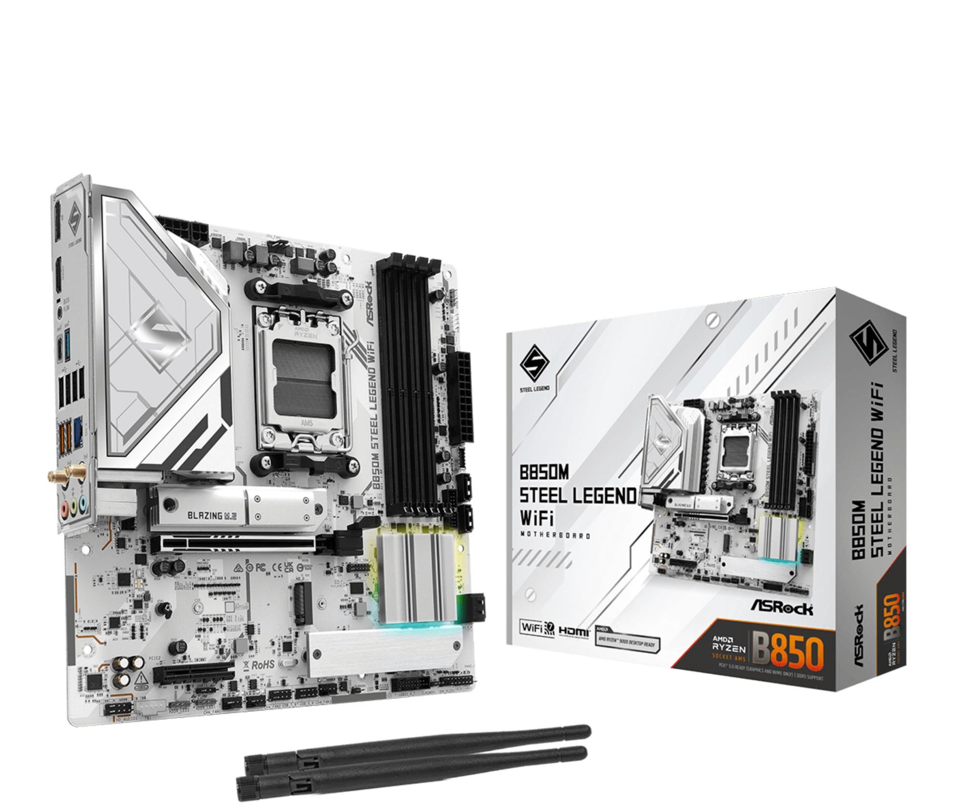 Emaplaat|ASROCK|AMD B850|SAM5|Micro-ATX|Mälu DDR5|Mälu pesad 4|4xPCI-Express 4.0 4x|1xPCI-Express 5.0 16x|1xM.2|1xHDMI|1xDisplayPort|1xAudio-In|1xAudio-Out|1xMikrofon|4xUSB 2.0|3xUSB 3.2|1xUSB-C|1xRJ45|B850MSTEELLEGENDWIFI