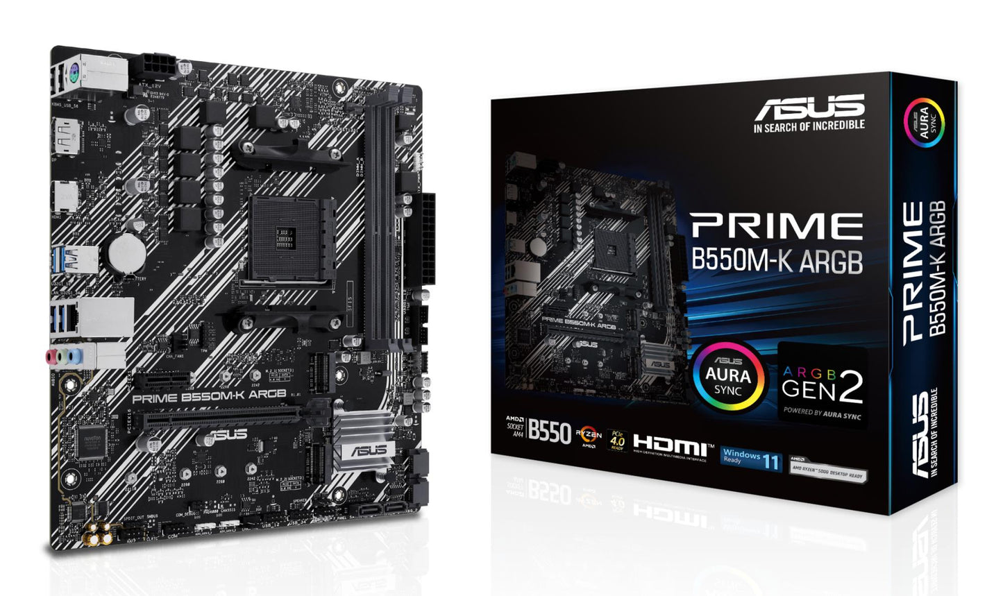 Mainboard|ASUS|AMD B550|SAM4|Micro-ATX|Memory DDR4|Memory slots 2|1xPCI-Express 3.0 1x|1xPCI-Express 3.0 16x|1xPCI-Express 4.0 16x|1xM.2|1xHDMI|1xDisplayPort|1xAudio-In|1xAudio-Out|1xMicrophone|2xUSB 2.0|4xUSB 3.2|1xPS/2|1xRJ45|PRIMEB550M-KARGB