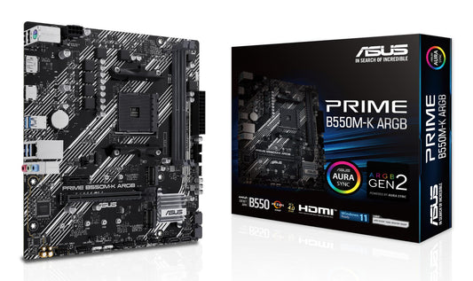 Mainboard|ASUS|AMD B550|SAM4|Micro-ATX|Memory DDR4|Memory slots 2|1xPCI-Express 3.0 1x|1xPCI-Express 3.0 16x|1xPCI-Express 4.0 16x|1xM.2|1xHDMI|1xDisplayPort|1xAudio-In|1xAudio-Out|1xMicrophone|2xUSB 2.0|4xUSB 3.2|1xPS/2|1xRJ45|PRIMEB550M-KARGB