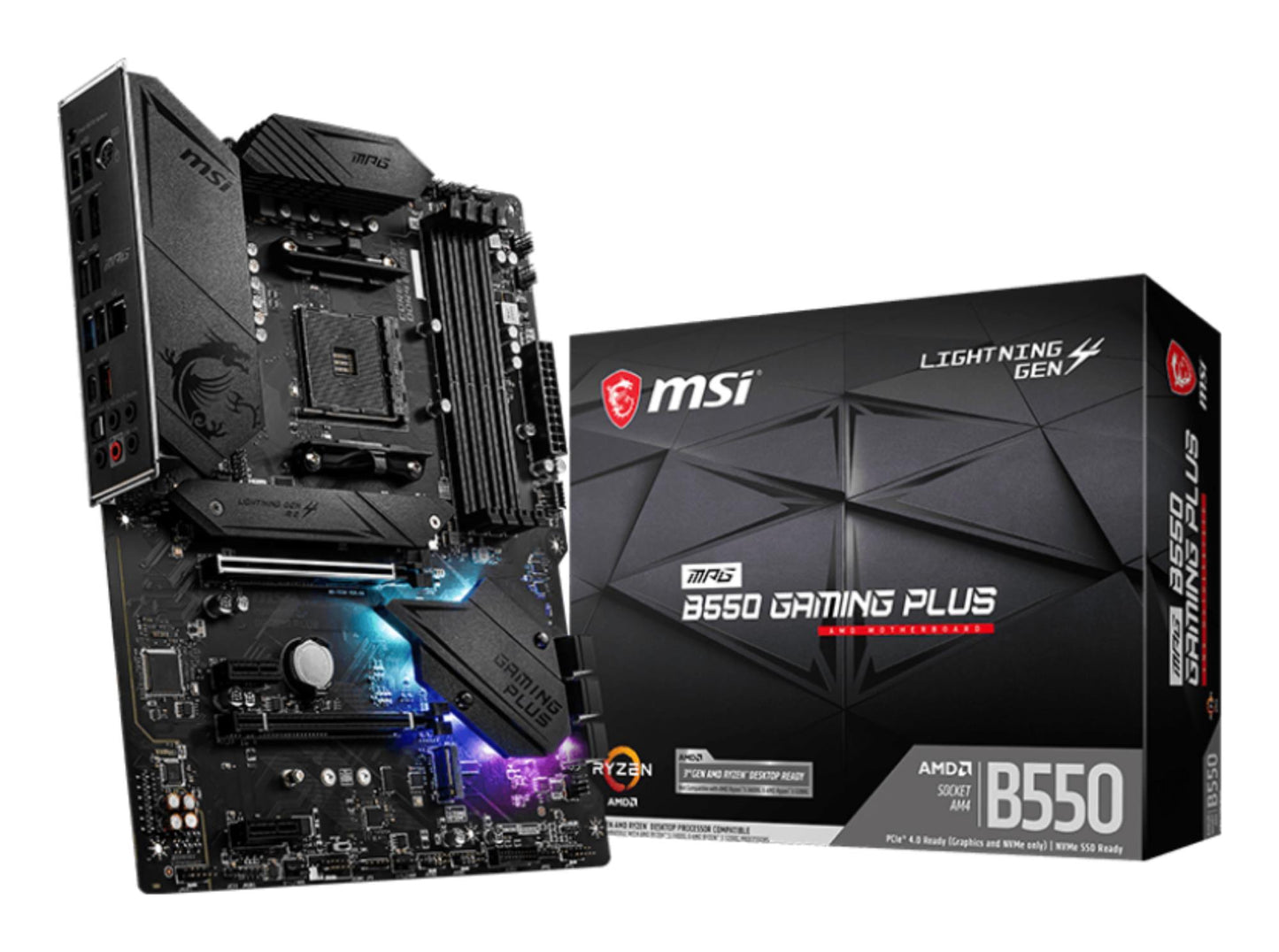 Emaplaat|MSI|AMD B550|SAM4|ATX|2xPCI-Express 3.0 1x|1xPCI-Express 3.0 4x|2xM.2|1xPCI-Express 4.0 1x|Mälu DDR4|Mälu pesad 4|1xHDMI|1xDisplayPort|2xAudio-In|3xAudio-Out|4xUSB 2.0|1xUSB type C|3xUSB 3.2|1xPS/2|1xOptical S/PDIF|1xRJ45|MPGB550GAMINGPLUS