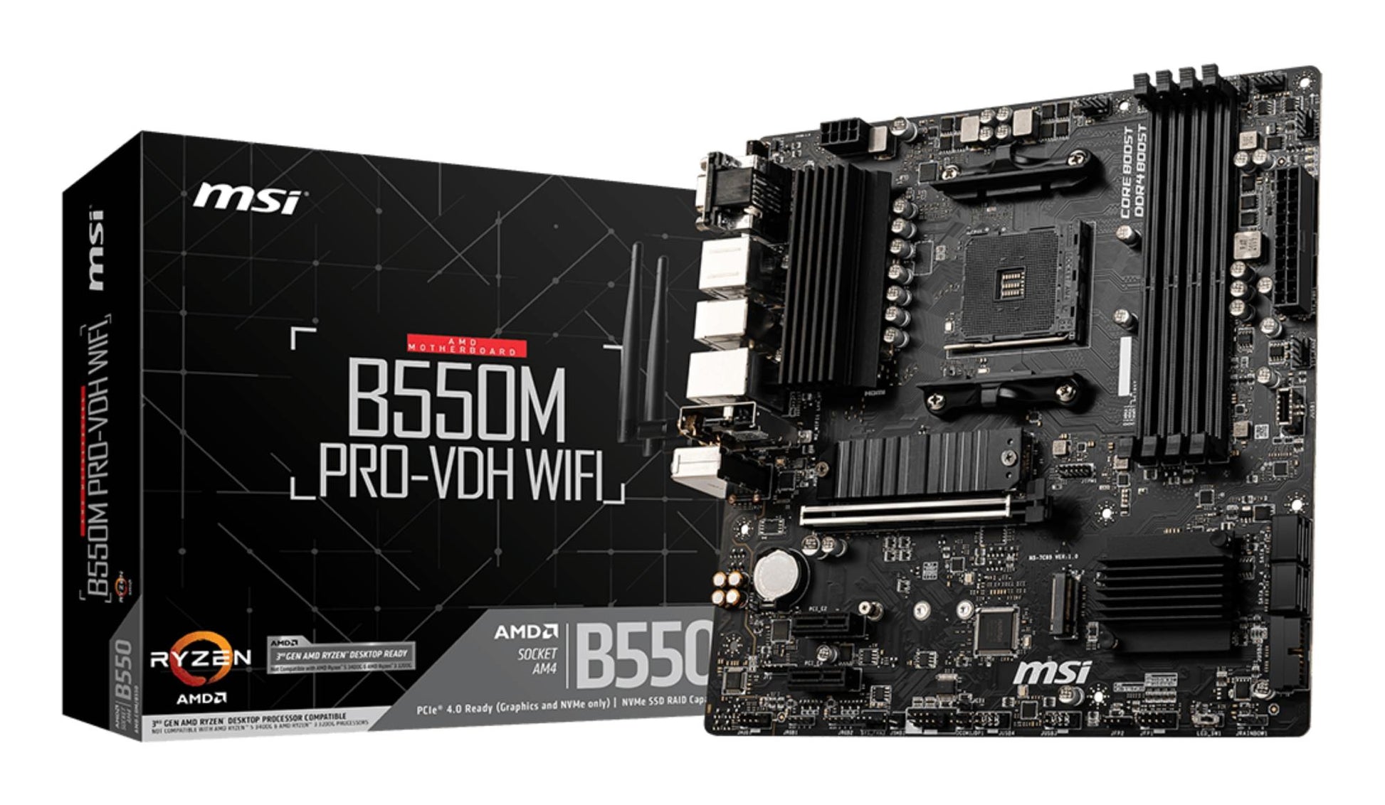 Emaplaat|MSI|AMD B550|SAM4|MicroATX|2xPCI-Express 3.0 1x|2xM.2|1xPCI-Express 4.0 16x|Mälu DDR4|Mälu pesad 4|1x15pin D-sub|1xHDMI|1xDisplayPort|2xUSB 2.0|4xUSB 3.2|1xPS/2|1xRJ45|3xAudio port|B550MPRO-VDHWIFI