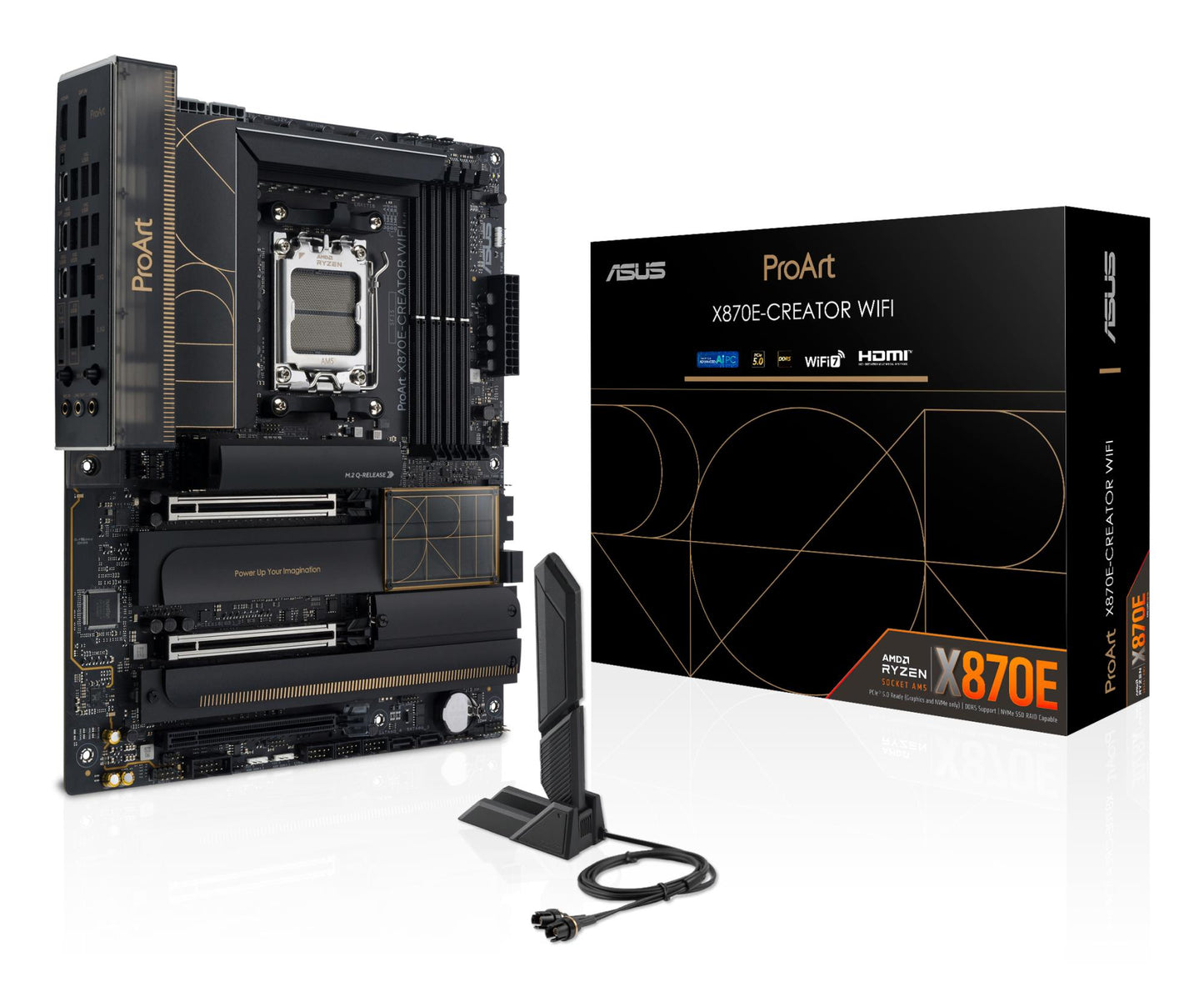 Peamine plaat|ASUS|AMD X870E|SAM5|ATX|Mälu DDR5|Mälu pesad 4|3xPCI-Express 4.0 16x|2xPCI-Express 5.0 16x|4xM.2|1xHDMI|1xDisplayPort|1xUSB 2.0|7xUSB 3.2|3xUSB-C|1xRJ45|3xAudio port|PROARTX870E-CREATORWIFI