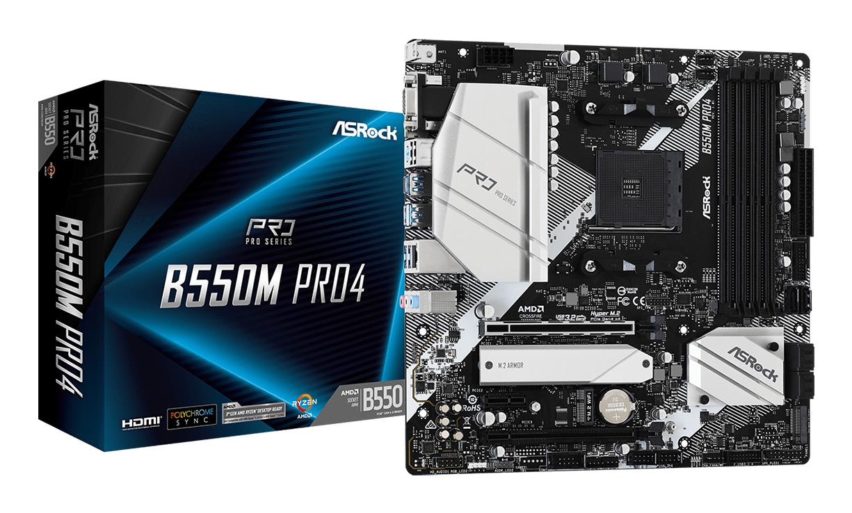 Emaplaat|ASROCK|AMD B550|SAM4|MicroATX|1xPCI-Express 3.0 1x|1xPCI-Express 3.0 16x|1xM.2|1xPCI-Express 4.0 16x|Mälu DDR4|Mälu pesad 4|1x15pin D-sub|1xHDMI|1xDisplayPort|2xUSB 2.0|1xUSB type C|5xUSB 3.2|1xPS/2|1xRJ45|3xAudio port|B550MPRO4