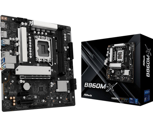 Mainboard|ASROCK|Intel B860 Express|LGA1851|Micro-ATX|Memory DDR5|Memory slots 2|1xPCI-Express 4.0 1x|1xPCI-Express 4.0 4x	|1xPCI-Express 4.0 16x|1xM.2|1xHDMI|1xDisplayPort|1xAudio-In|1xAudio-Out|1xMicrophone|2xUSB 2.0|3xUSB 3.2|1xUSB-C|1xRJ45|B860M-X