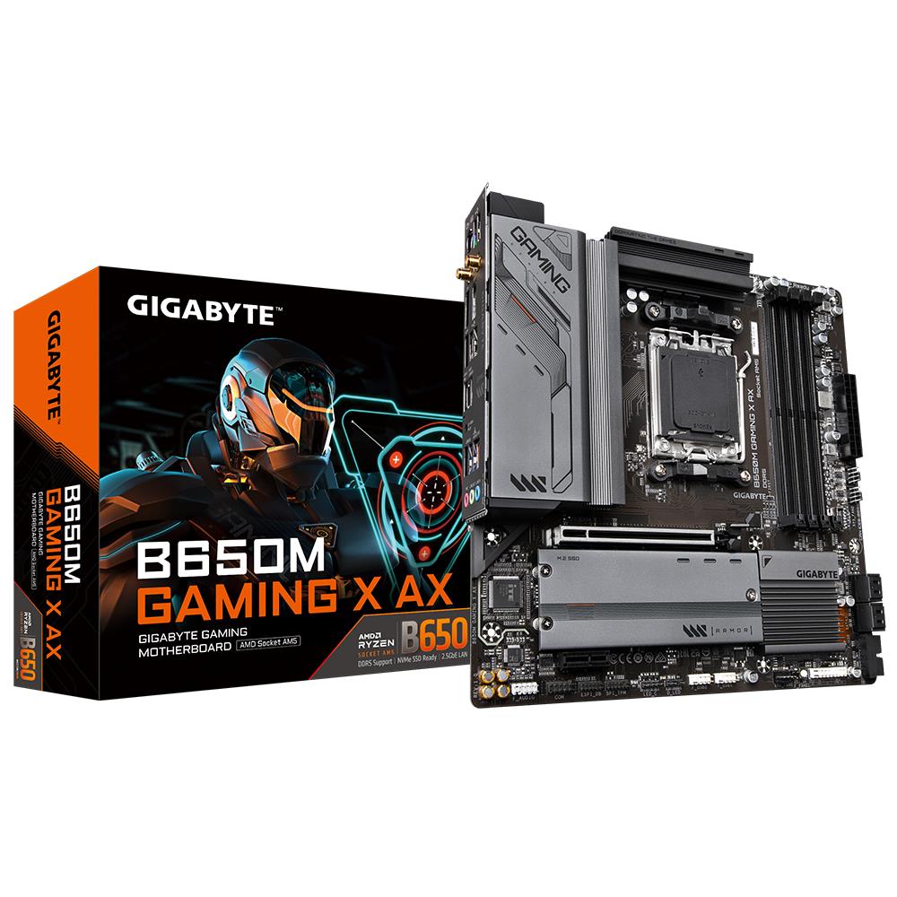 Peamine plaat|GIGABYTE|AMD B650|SAM5|Micro-ATX|Mälu DDR5|Mälu pesad 4|1xPCI-Express 3.0 1x|1xPCI-Express 4.0 16x|2xM.2|1xHDMI|2xDisplayPort|4xUSB 2.0|3xUSB 3.2|1xUSB-C|1xPS/2|1xRJ45|3xAudio port|B650MGAMINGXAX1.3