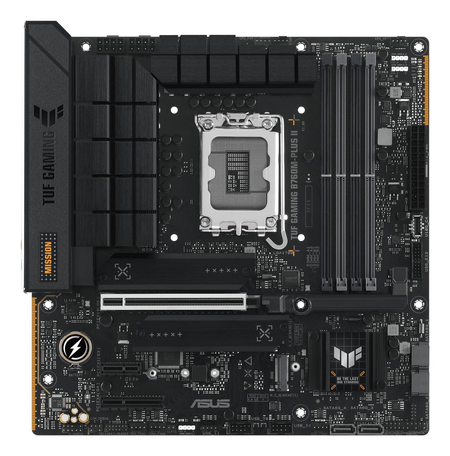 Emaplaat|ASUS|Intel B760 Express|LGA1700|Micro-ATX|Mälu pesad 4|1xPCI-Express 3.0 1x|1xPCI-Express 4.0 4x|1xPCI-Express 5.0 16x|3xM.2|1xHDMI|1xDisplayPort|4xUSB 2.0|3xUSB 3.2|1xUSB-C|1xOptical S/PDIF|1xRJ45|5xAudio port|TUFGAMINGB760M-PLUSII