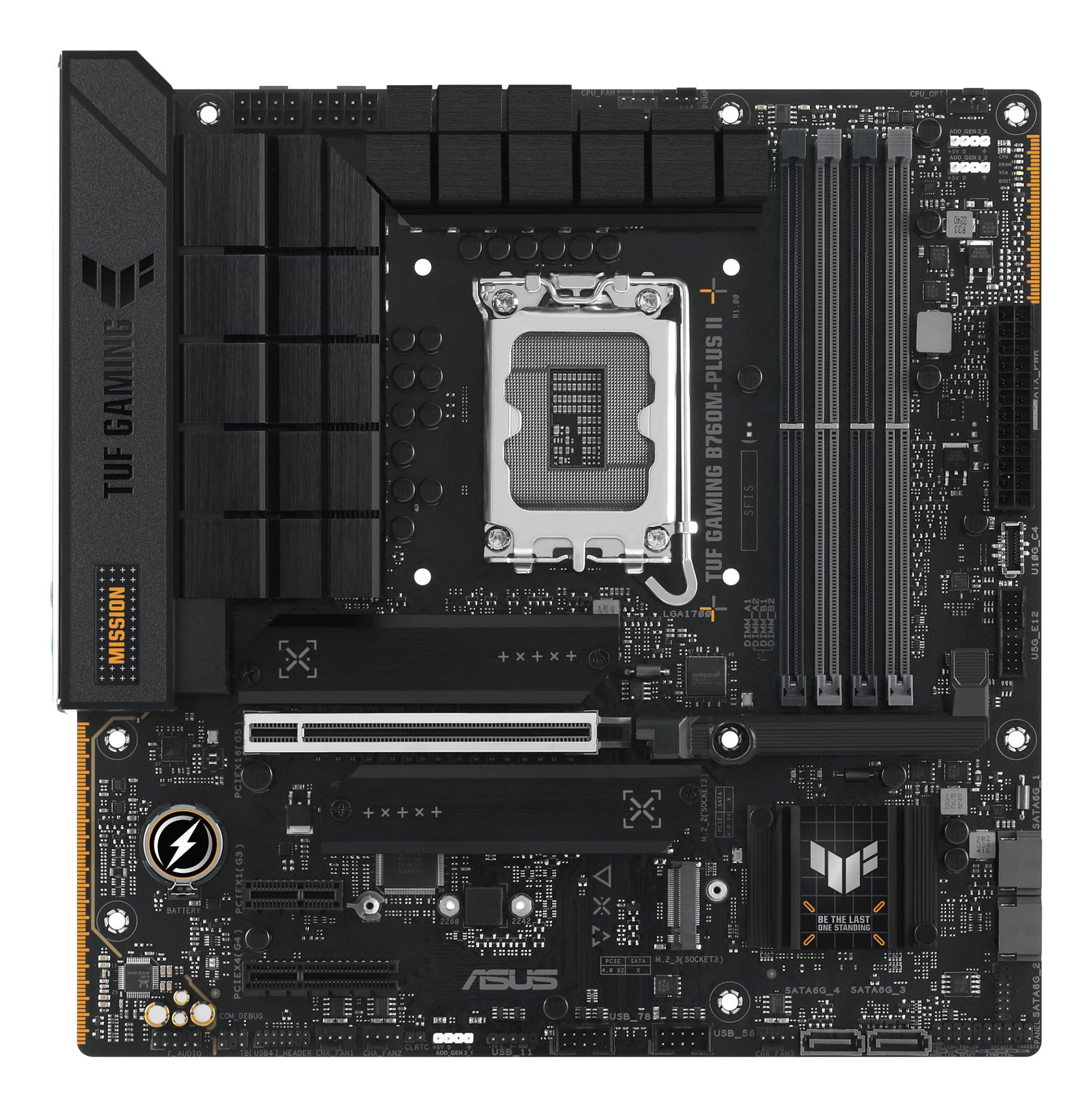 Emaplaat|ASUS|Intel B760 Express|LGA1700|Micro-ATX|Mälu pesad 4|1xPCI-Express 3.0 1x|1xPCI-Express 4.0 4x|1xPCI-Express 5.0 16x|3xM.2|1xHDMI|1xDisplayPort|4xUSB 2.0|3xUSB 3.2|1xUSB-C|1xOptical S/PDIF|1xRJ45|5xAudio port|TUFGAMINGB760M-PLUSII