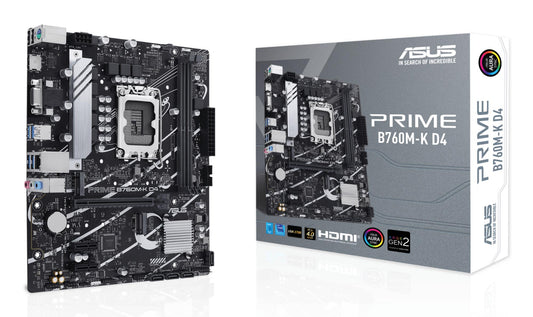 Mainboard|ASUS|Intel B760 Express|LGA1700|Micro-ATX|Memory DDR4|Memory slots 2|2xPCI-Express 4.0 1x|1xPCI-Express 4.0 16x|2xM.2|1x15pin D-sub|1xHDMI|2xUSB 2.0|4xUSB 3.2|1xPS/2|1xRJ45|3xAudio port|PRIMEB760M-KD4