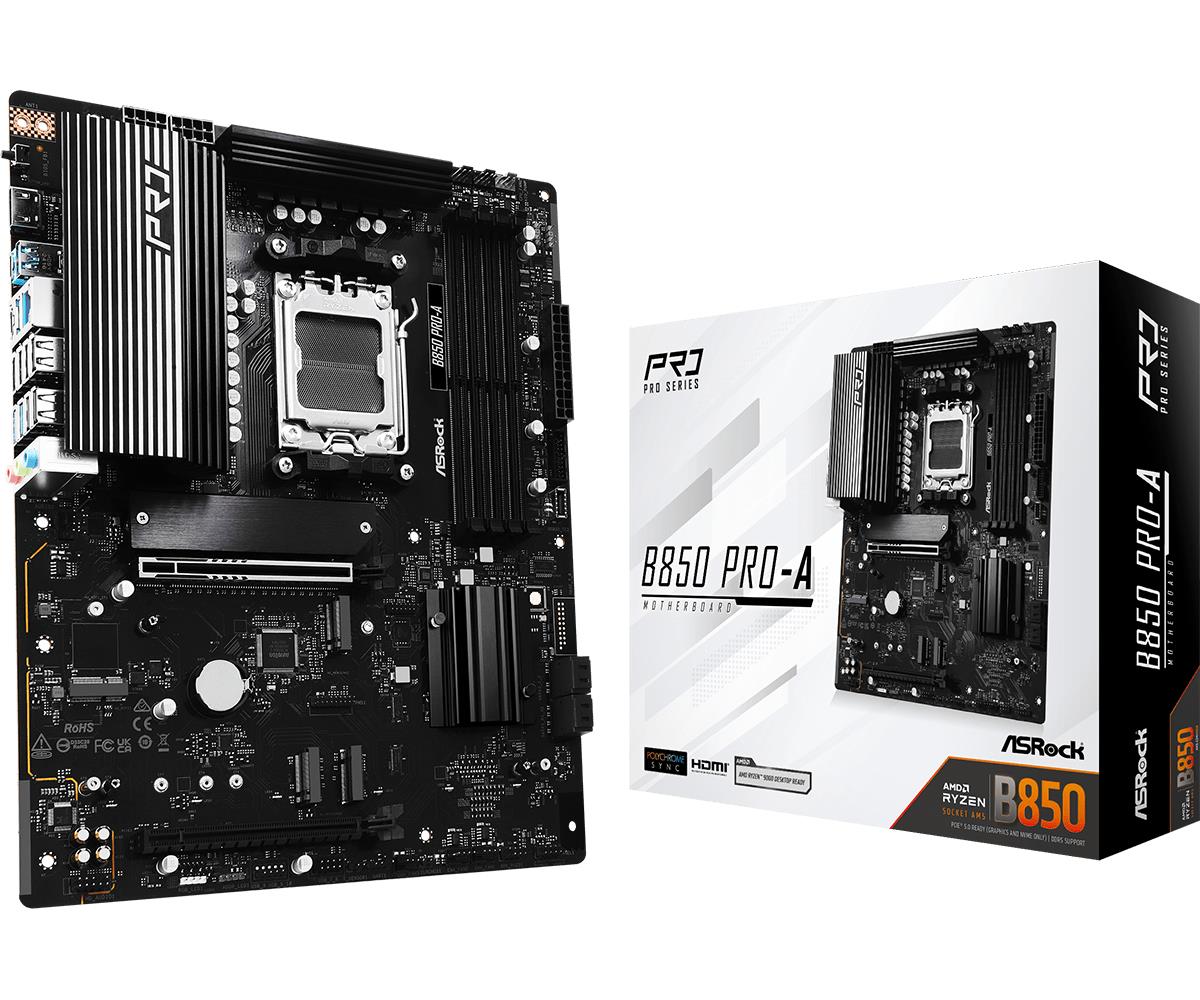 Peamine plaat|ASROCK|AMD B850|SAM5|ATX|Mälu DDR5|Mälu pesad 4|1xPCI-Express 4.0 16x|1xPCI-Express 5.0 16x|1xM.2|1xHDMI|1xAudio-In|1xAudio-Out|1xMikrofon|6xUSB 2.0|4xUSB 3.2|2xUSB-C|1xRJ45|B850PRO-A