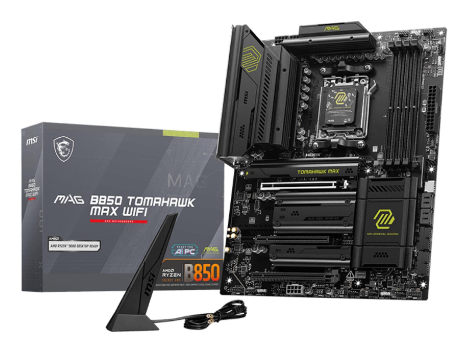 Mainboard|MSI|AMD B850|SAM5|ATX|Memory DDR5|Memory slots 4|3xPCI-Express 16x|4xM.2|1xHDMI|1xAudio-In|1xAudio-Out|4xUSB 2.0|1xUSB 3.0|2xUSB 3.2|3xUSB-C|1xRJ45|B850TOMAHAWKMAXWIFI