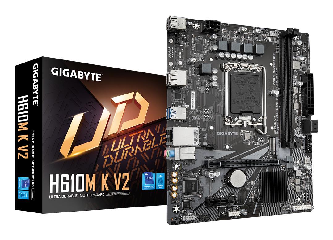 Peamine plaat|GIGABYTE|Intel H610|LGA1700|Micro-ATX|Mälu DDR5|Mälu pesad 2|1xPCI-Express 3.0 1x|1xPCI-Express 4.0 16x|1xM.2|1xHDMI|1xDisplayPort|4xUSB 2.0|2xUSB 3.2|1xPS/2|1xRJ45|3xAudio port|H610MKV2