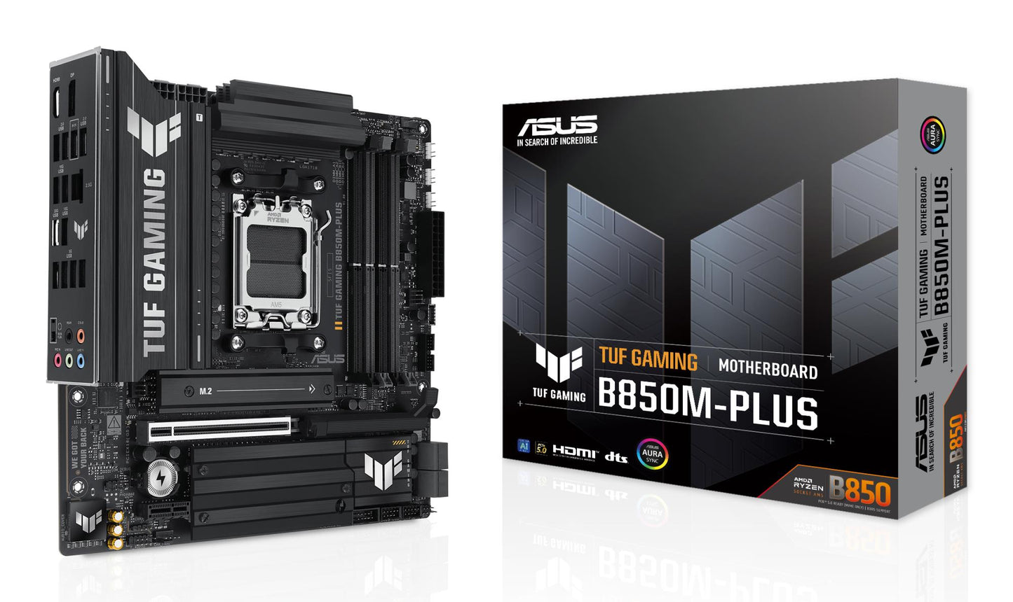 Mainboard|ASUS|AMD B850|SAM5|Micro-ATX|Memory DDR5|Memory slots 4|1xPCI-Express 4.0 1x|1xPCI-Express 4.0 16x|1xPCI-Express 5.0 16x|3xM.2|1xHDMI|1xDisplayPort|4xUSB 2.0|4xUSB 3.0|3xUSB 3.2|1xUSB-C|1xRJ45|5xAudio port|TUFGAMINGB850M-PLUS