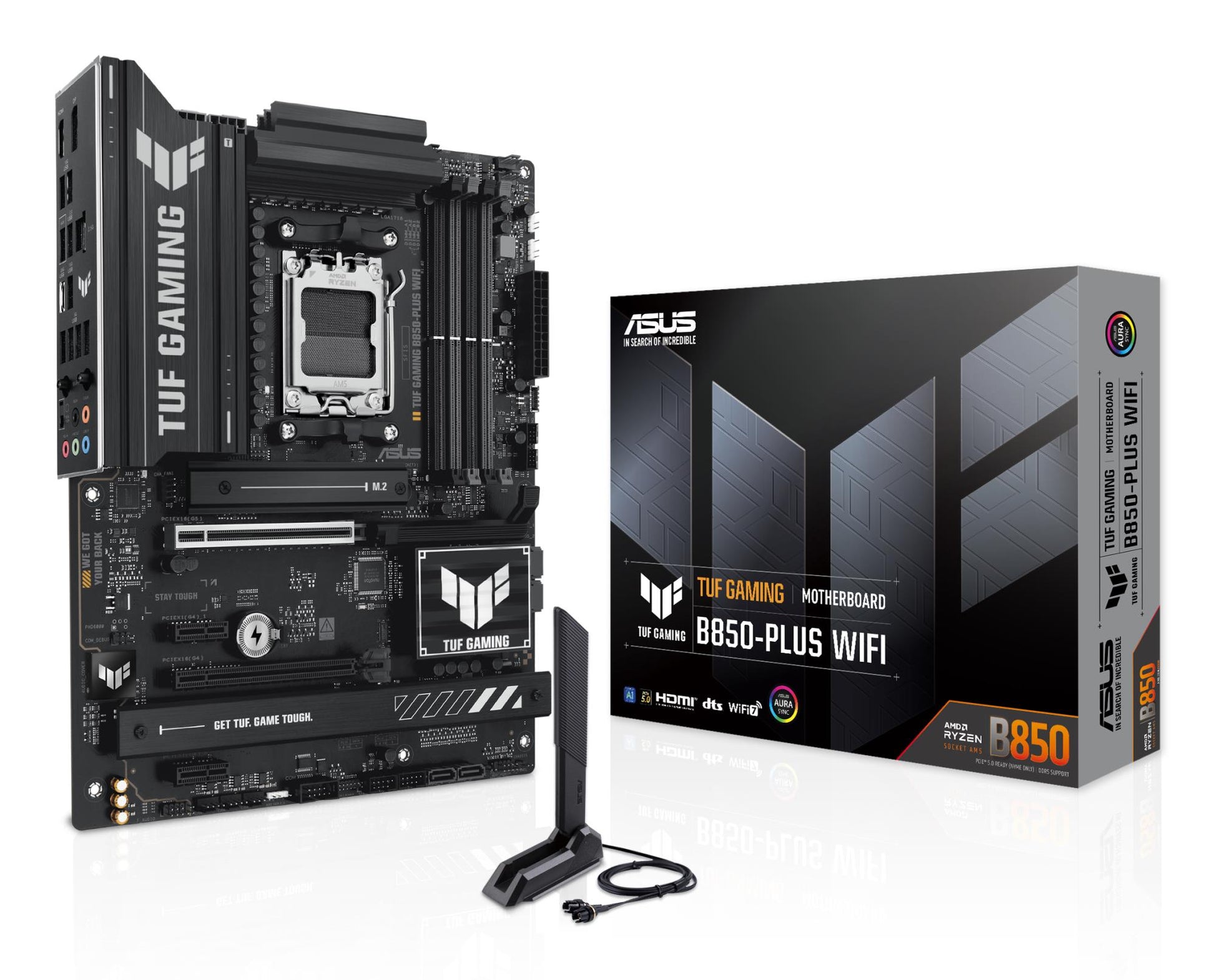 Mainboard|ASUS|AMD B850|SAM5|ATX|Memory DDR5|Memory slots 4|2xPCI-Express 4.0 1x|1xPCI-Express 4.0 16x|1xPCI-Express 5.0 16x|3xM.2|1xHDMI|1xDisplayPort|2xUSB 2.0|4xUSB 3.1|3xUSB 3.2|1xUSB-C|1xRJ45|5xAudio port|TUFGAMINGB850-PLUSWIFI