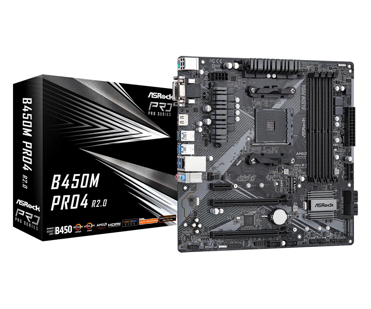 Emaplaat|ASROCK|AMD B450|SAM4|Micro-ATX|Mälu DDR4|Mälu pesad 4|1xPCI-Express 2.0 1x|1xPCI-Express 2.0 16x|1xPCI-Express 3.0 16x|2xM.2|1x15pin D-sub|1xDVI-D|1xHDMI|2xAudio-In|1xAudio-Out|2xUSB 2.0|5xUSB 3.2|1xUSB-C|1xPS/2|1xRJ45|B450MPRO4R2.0