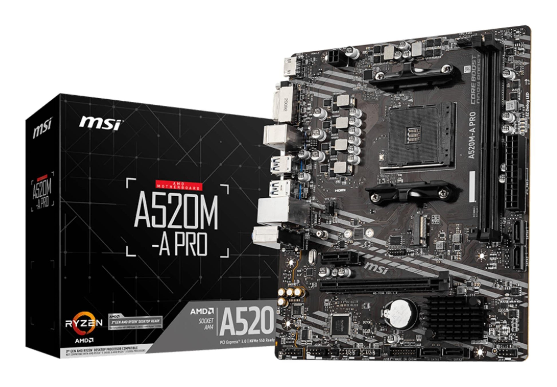 Emaplaat|MSI|AMD A520|SAM4|MicroATX|1xPCI-Express 3.0 1x|1xPCI-Express 3.0 16x|1xM.2|Mälu DDR4|Mälu pesad 2|1xDVI|1xHDMI|2xAudio-Out|2xUSB 2.0|4xUSB 3.2|1xRJ45|A520M-APRO