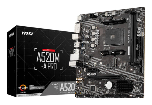 Mainboard|MSI|AMD A520|SAM4|MicroATX|1xPCI-Express 3.0 1x|1xPCI-Express 3.0 16x|1xM.2|Memory DDR4|Memory slots 2|1xDVI|1xHDMI|2xAudio-Out|2xUSB 2.0|4xUSB 3.2|1xRJ45|A520M-APRO