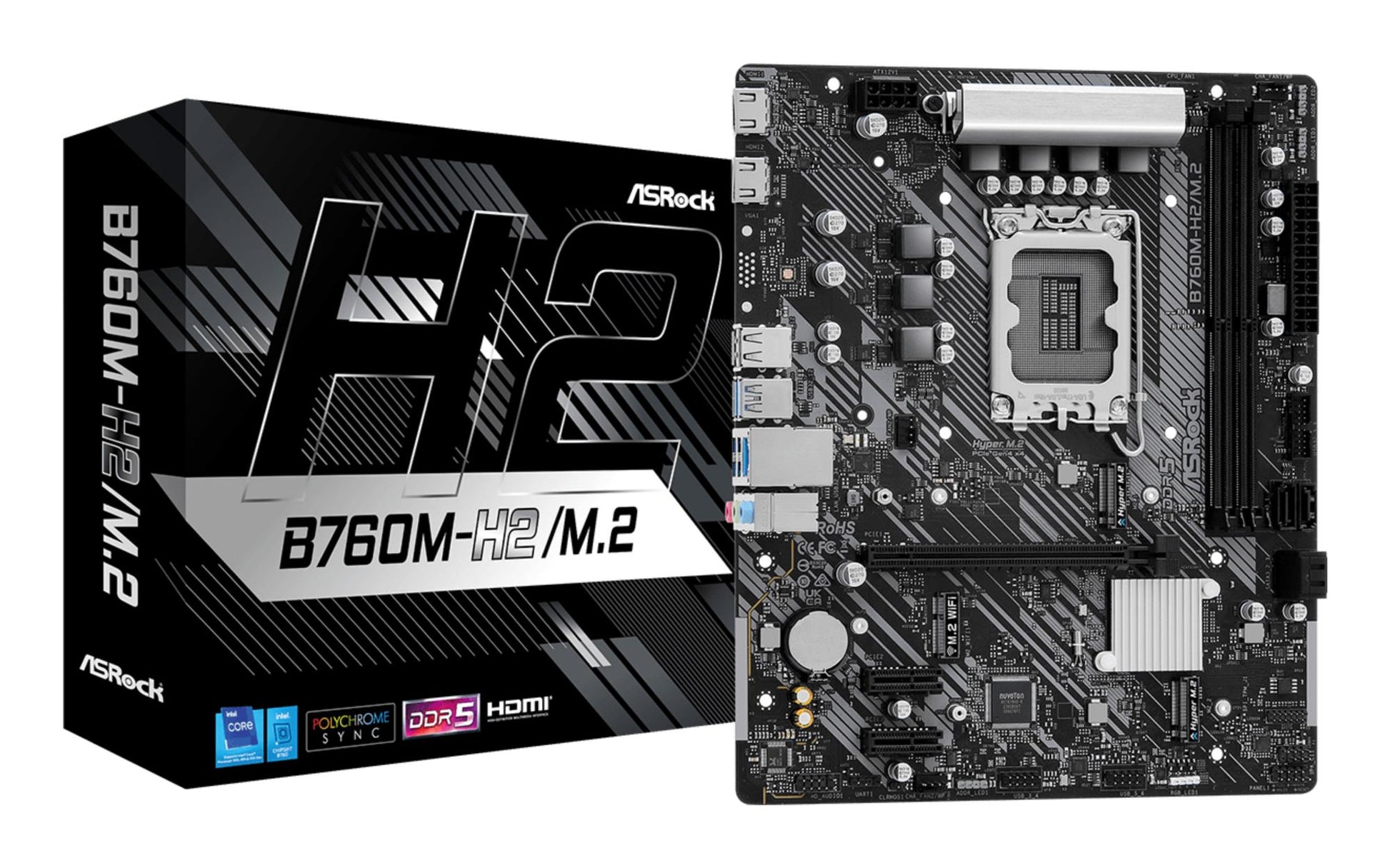 Peamine plaat|ASROCK|Intel B760 Express|LGA1700|Micro-ATX|Mälu DDR5|Mälu pesad 2|2xPCI-Express 3.0 1x|1xPCI-Express 4.0 16x|3xM.2|2xHDMI|2xUSB 2.0|4xUSB 3.2|1xRJ45|3xAudio port|B760M-H2/M.2