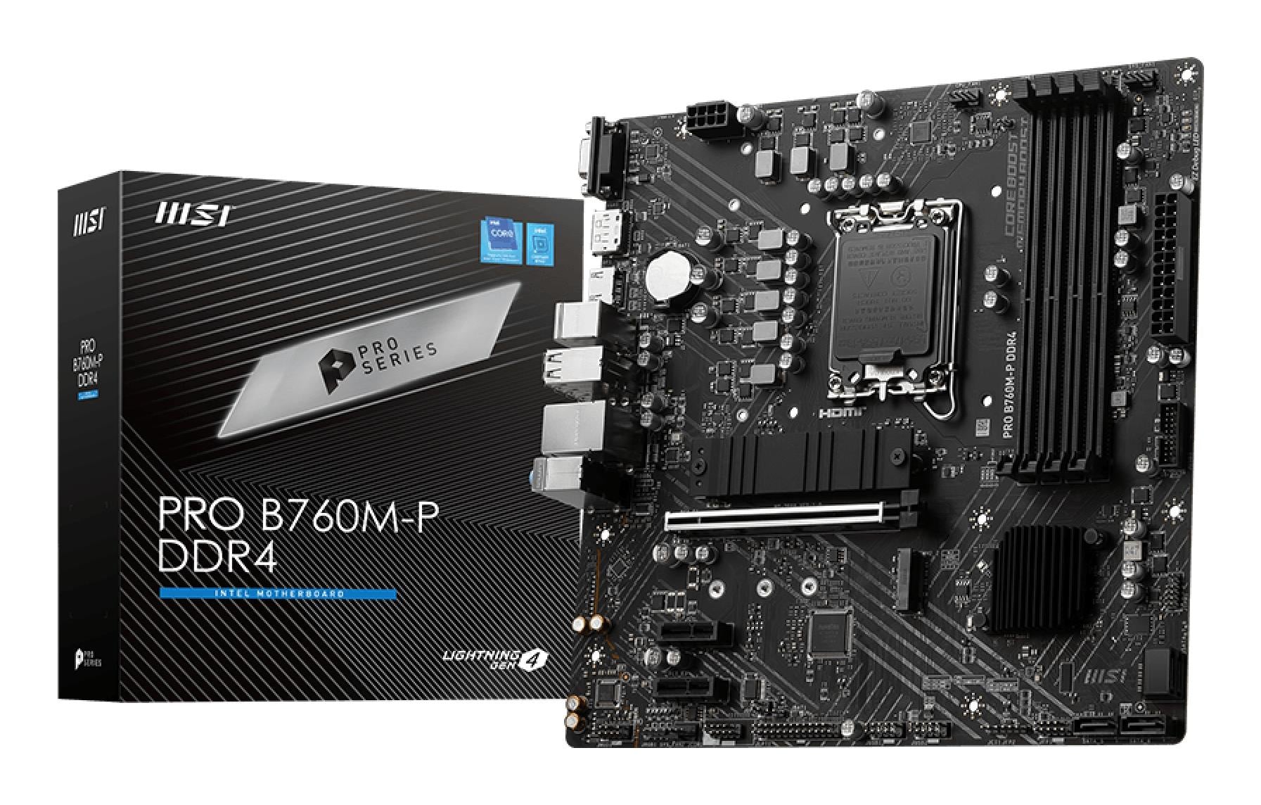 Mainboard|MSI|Intel B760 Express|LGA1700|Micro-ATX|Memory DDR4|Memory slots 4|2xPCI-Express 1x|1xPCI-Express 16x|2xM.2|1x15pin D-sub|1xHDMI|1xDisplayPort|4xUSB 2.0|1xUSB 3.2|1xUSB-C|2xPS/2|1xRJ45|3xAudio port|PROB760M-PDDR4
