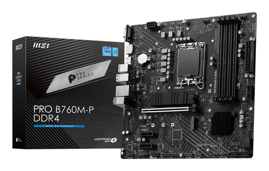 Mainboard|MSI|Intel B760 Express|LGA1700|Micro-ATX|Memory DDR4|Memory slots 4|2xPCI-Express 1x|1xPCI-Express 16x|2xM.2|1x15pin D-sub|1xHDMI|1xDisplayPort|4xUSB 2.0|1xUSB 3.2|1xUSB-C|2xPS/2|1xRJ45|3xAudio port|PROB760M-PDDR4