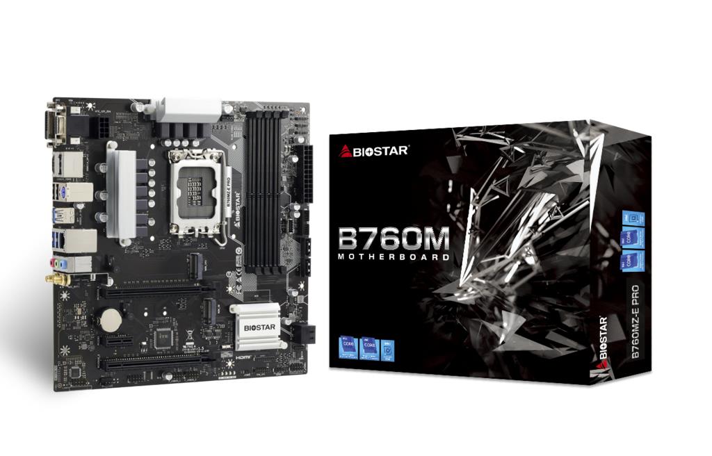Emaplaat|BIOSTAR|Intel B760 Express|LGA1700|Micro-ATX|Mälu DDR5|Mälu pesad 4|1xPCI-Express 3.0 1x|1xPCI-Express 3.0 16x|1xPCI-Express 4.0 16x|2xM.2|1x15pin D-sub|1xDVI-D|1xHDMI|1xDisplayPort|2xUSB 2.0|3xUSB 3.2|1xRJ45|3xAudio port|B760MZ-EPRO
