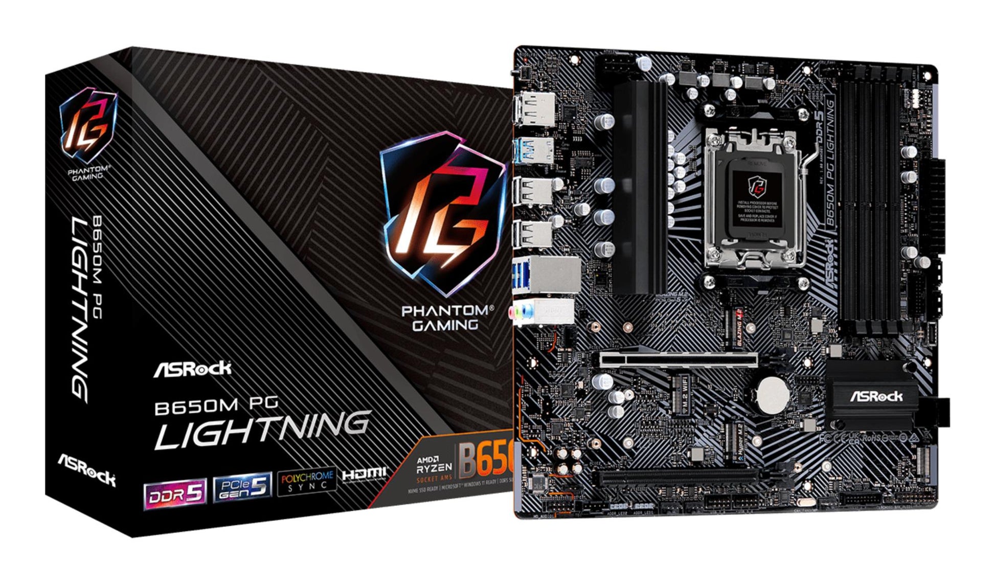 Peamine plaat|ASROCK|AMD B650|SAM5|Micro-ATX|Mälu DDR5|Mälu pesad 4|1xPCI-Express 3.0 16x|1xPCI-Express 4.0 16x|3xM.2|1xHDMI|1xDisplayPort|4xUSB 2.0|3xUSB 3.2|1xUSB-C|1xRJ45|3xHeliport|B650MPGLIGHTNING